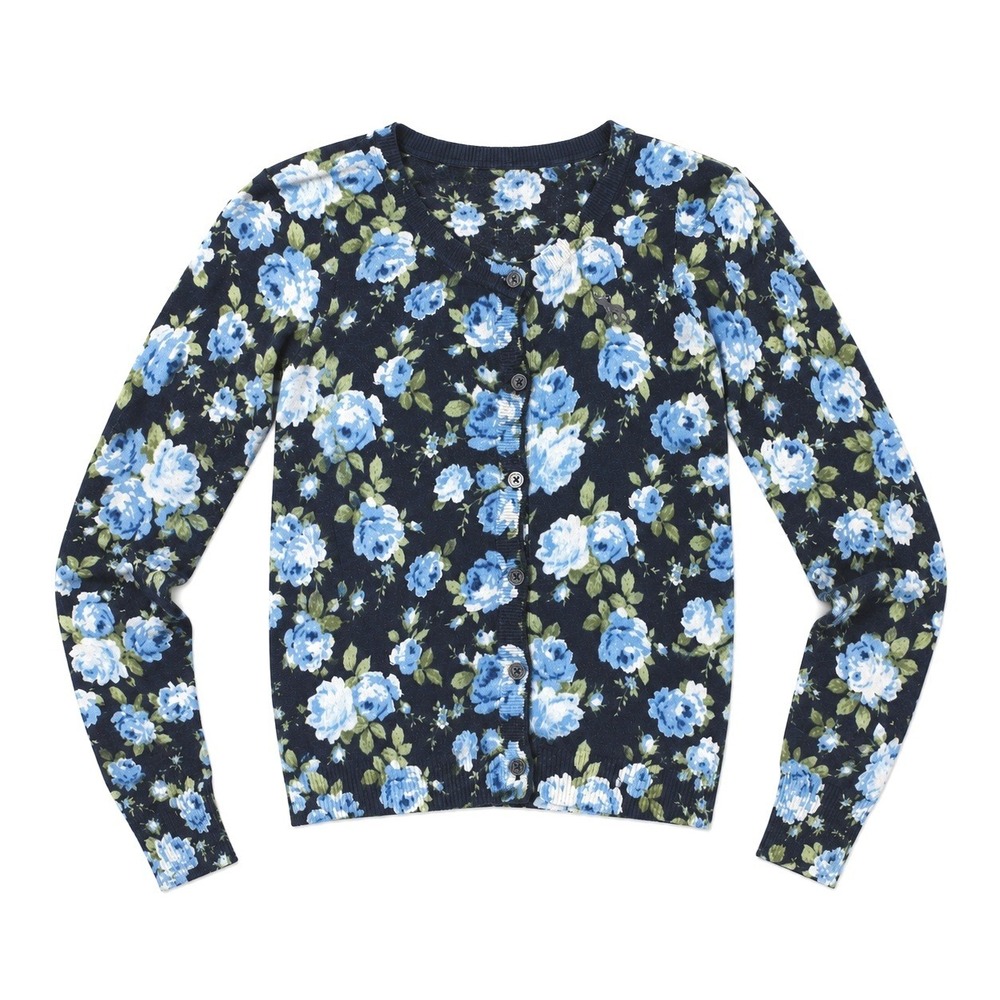 Y2K Abercrombie & Fitch Cardigan Women M Navy Blue Floral Logo Preppy Coquette